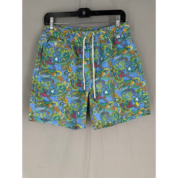 Polo Ralph Lauren Swim Trunks Mens Medium Blue Paisley Green Colorful Pockets - Picture 1 of 10